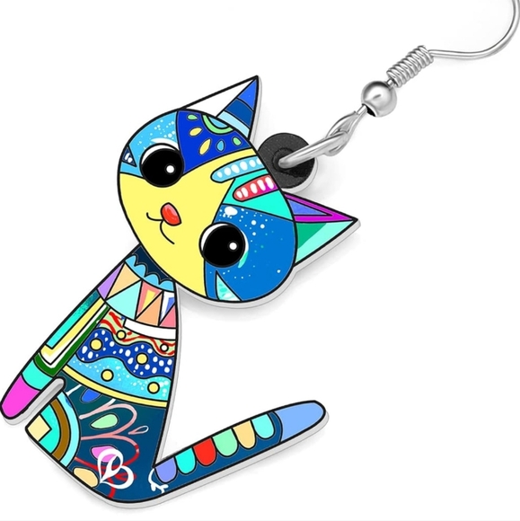 Whimsical Green and Blue Cat Earrings with Expressive Eyes - Picture 3 of 5